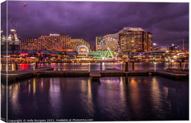 Australia,Darling Harbour at night, the lights of the amusement park in the back ground  Canvas Print by Holly Burgess