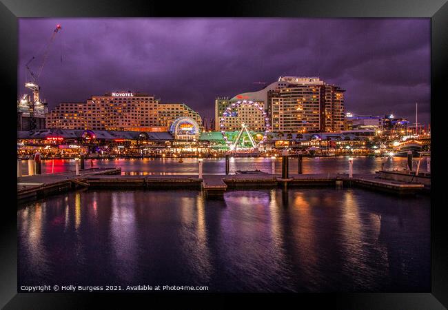Australia,Darling Harbour at night, the lights of the amusement park in the back ground  Framed Print by Holly Burgess