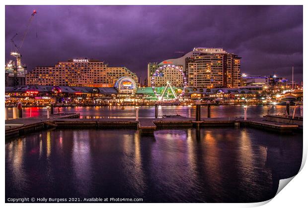 Australia,Darling Harbour at night, the lights of the amusement park in the back ground  Print by Holly Burgess