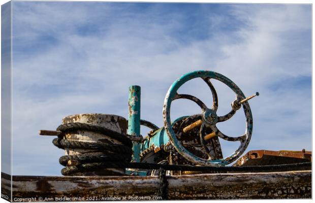 An old barge anchor winch Canvas Print by Ann Biddlecombe