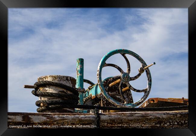 An old barge anchor winch Framed Print by Ann Biddlecombe