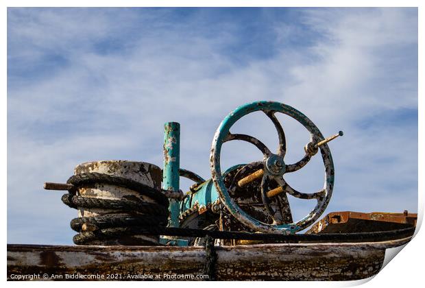 An old barge anchor winch Print by Ann Biddlecombe