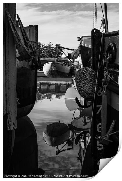 Reflections between barges in monochrome Print by Ann Biddlecombe