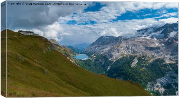 Lago di Fedaia and Marmolada Dolomites Italy Canvas Print by Greg Marshall