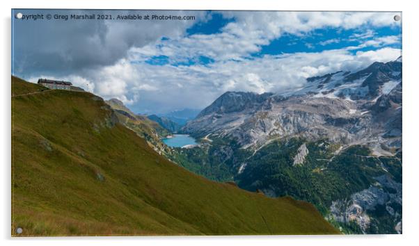Lago di Fedaia and Marmolada Dolomites Italy Acrylic by Greg Marshall