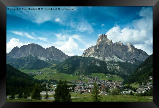Corvara town and Sassongher mountain Dolomites Italy Framed Print by Greg Marshall