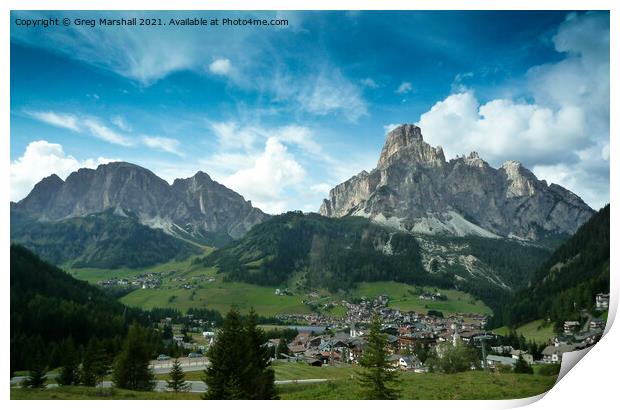 Corvara town and Sassongher mountain Dolomites Italy Print by Greg Marshall