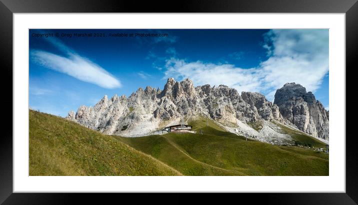 Mountain peaks Via Ferrata near Paso Gardena, Dolomites Italy Framed Mounted Print by Greg Marshall