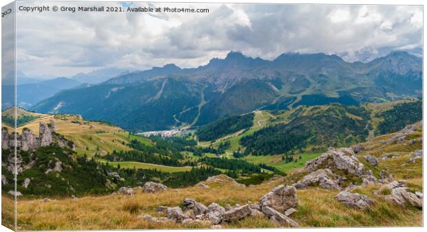 Looking across to Marmolada and the town of Arrabba Dolomites italy Canvas Print by Greg Marshall