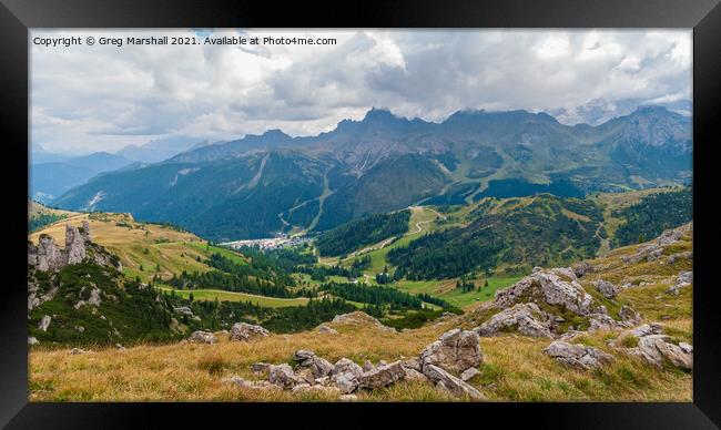 Looking across to Marmolada and the town of Arrabba Dolomites italy Framed Print by Greg Marshall
