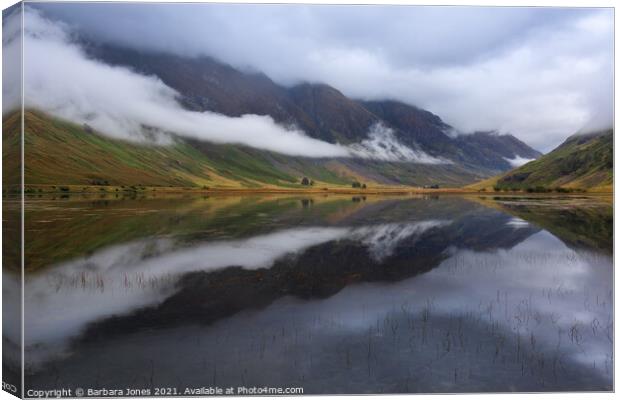 Loch Achtriochtan Misty Hills Glencoe Scotland Canvas Print by Barbara Jones