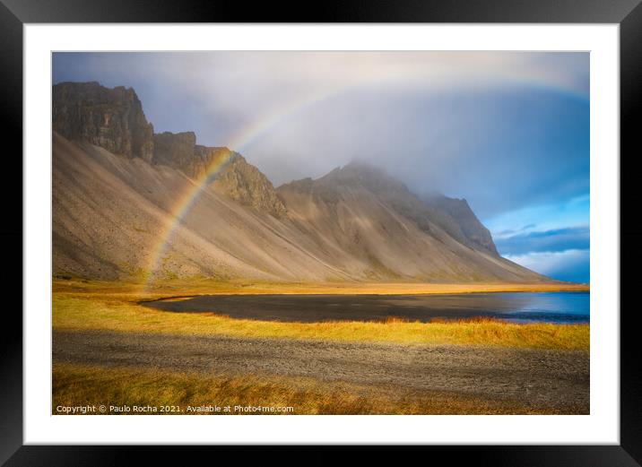 Vestrahorn mountain in stokksnes and rainbow Framed Mounted Print by Paulo Rocha