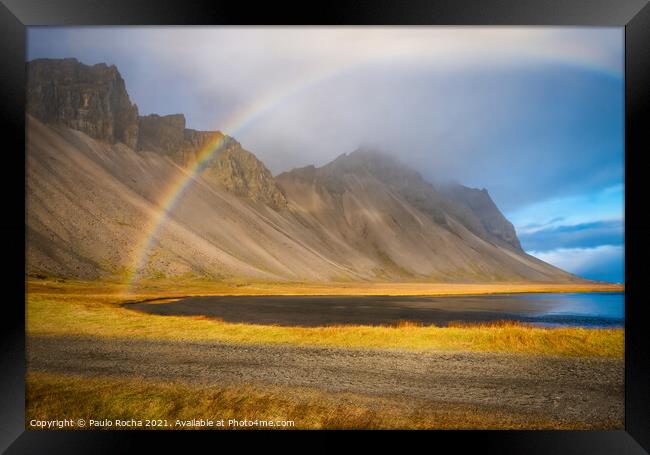 Vestrahorn mountain in stokksnes and rainbow Framed Print by Paulo Rocha