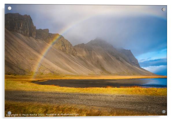 Vestrahorn mountain in stokksnes and rainbow Acrylic by Paulo Rocha