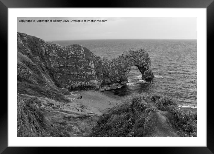 Black and white Durdle Door Framed Mounted Print by Christopher Keeley