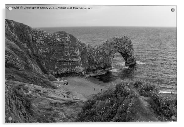 Black and white Durdle Door Acrylic by Christopher Keeley