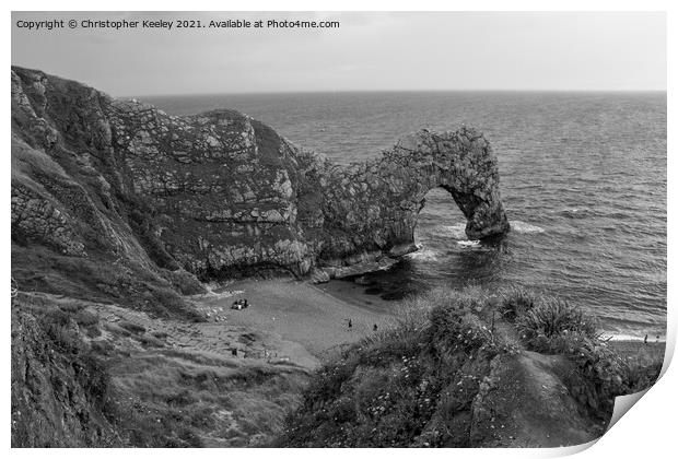 Black and white Durdle Door Print by Christopher Keeley
