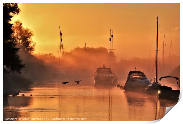 Misty river sunrise Print by Gillian Thomas