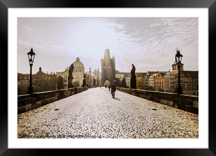 Painting of Charles bridge in Prague on sunrise Framed Mounted Print by Maria Vonotna