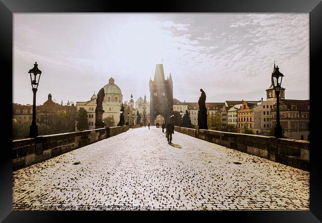 Painting of Charles bridge in Prague on sunrise Framed Print by Maria Vonotna