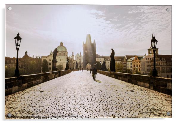 Painting of Charles bridge in Prague on sunrise Acrylic by Maria Vonotna