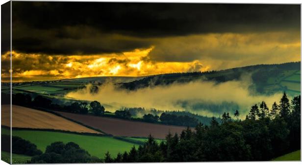 Mist in a Sunset Exmoor valley Canvas Print by Mike Lanning