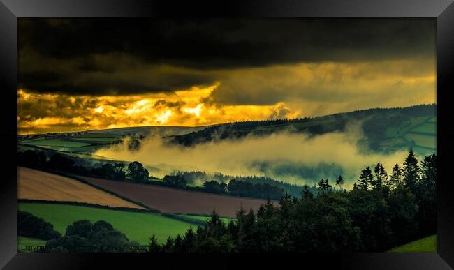 Mist in a Sunset Exmoor valley Framed Print by Mike Lanning