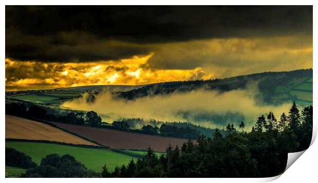 Mist in a Sunset Exmoor valley Print by Mike Lanning