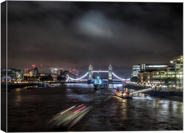 HMS Belfast and Tower Bridge at Night Canvas Print by Mike Lanning