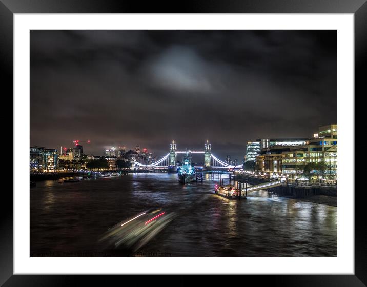 HMS Belfast and Tower Bridge at Night Framed Mounted Print by Mike Lanning