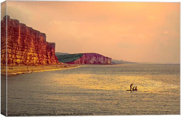 Sunset Paddle Boarders At West Bay  Canvas Print by Alison Chambers