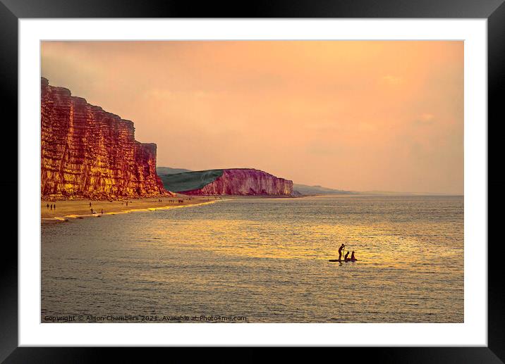 Sunset Paddle Boarders At West Bay  Framed Mounted Print by Alison Chambers