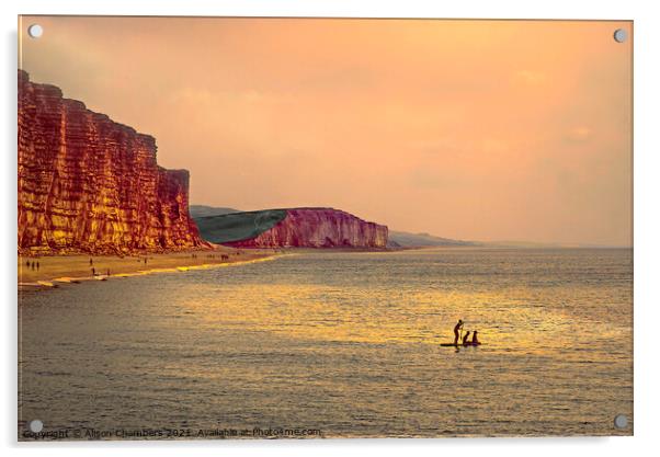 Sunset Paddle Boarders At West Bay  Acrylic by Alison Chambers