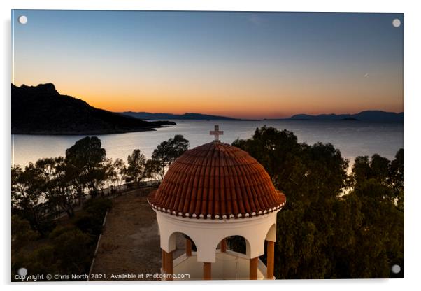 Church of Agios Sozon at Sunset. Acrylic by Chris North