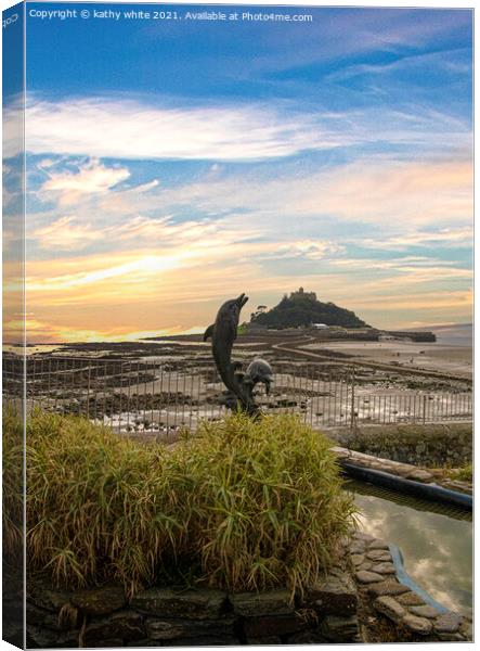 St Michaels mount Cornwall, Dolphins Canvas Print by kathy white