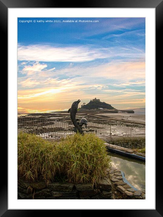 St Michaels mount Cornwall, Dolphins Framed Mounted Print by kathy white