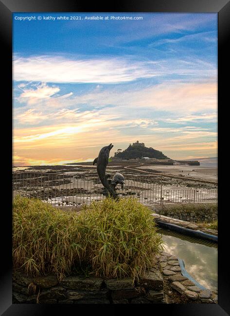 St Michaels mount Cornwall, Dolphins Framed Print by kathy white