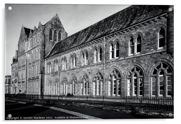 Monochrome image of the Old College, Aberystwyth Acrylic by Gordon Maclaren