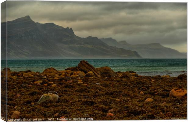 North Skye hills from Braes beach Canvas Print by Richard Smith