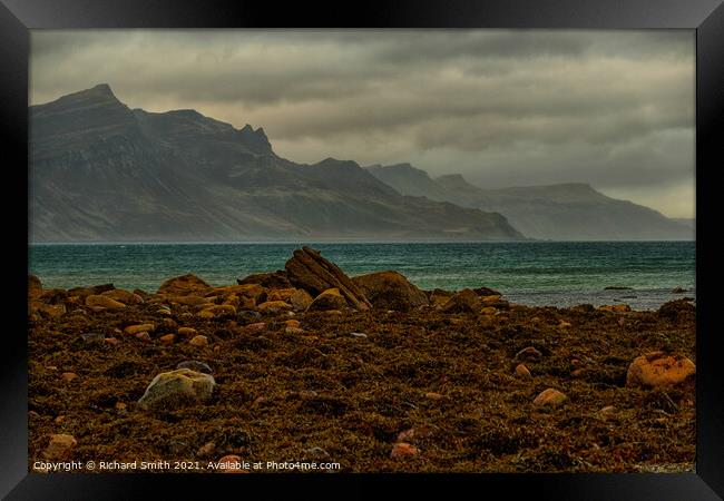 North Skye hills from Braes beach Framed Print by Richard Smith