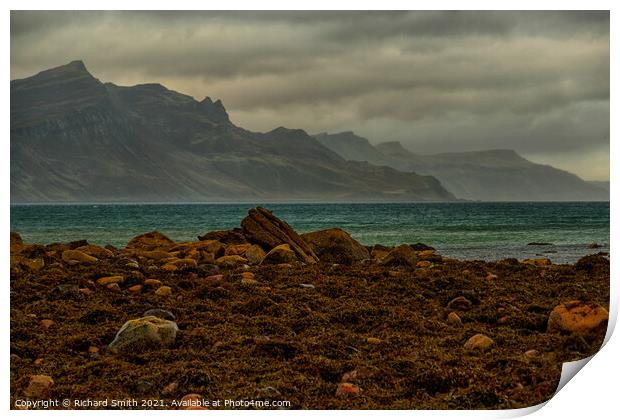 North Skye hills from Braes beach Print by Richard Smith