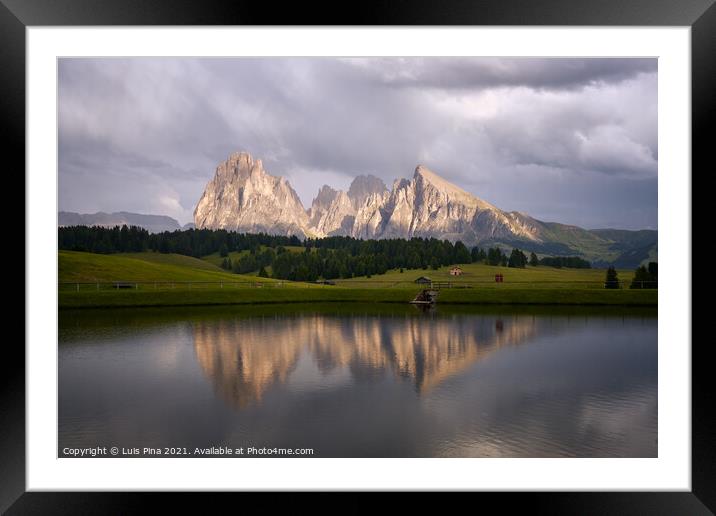 Sassolungo mountains on the Italian Alps Dolomites with water reflection on a lake Framed Mounted Print by Luis Pina
