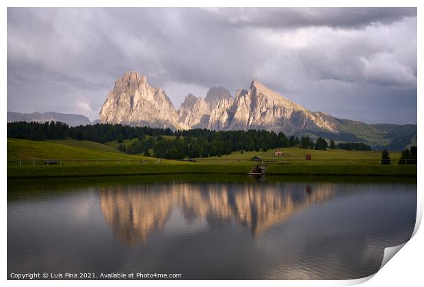 Sassolungo mountains on the Italian Alps Dolomites with water reflection on a lake Print by Luis Pina