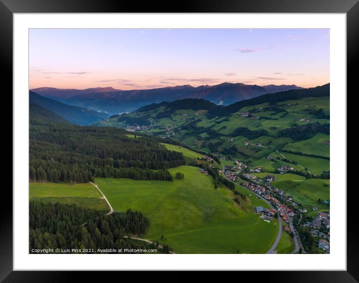 Aerial Drone shot of Santa Magdalena St Maddalena Val di Funes in Dolomites Italian Alps at sunrise Framed Mounted Print by Luis Pina