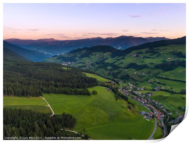 Aerial Drone shot of Santa Magdalena St Maddalena Val di Funes in Dolomites Italian Alps at sunrise Print by Luis Pina