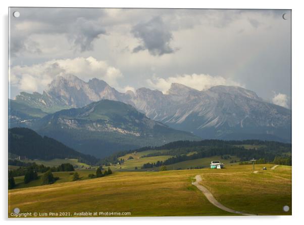 Sassolungo mountains on the Italian Alps Dolomites and a rainbow Acrylic by Luis Pina