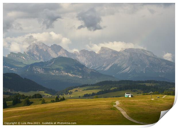 Sassolungo mountains on the Italian Alps Dolomites and a rainbow Print by Luis Pina