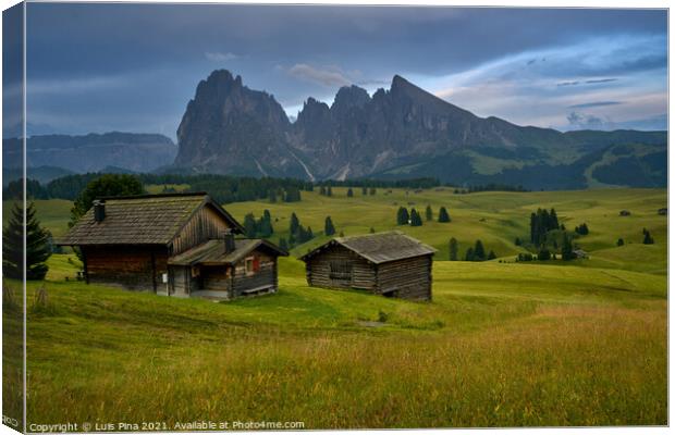 Sassolungo mountains on the Italian Alps Dolomites with wood houses on the foreground Canvas Print by Luis Pina