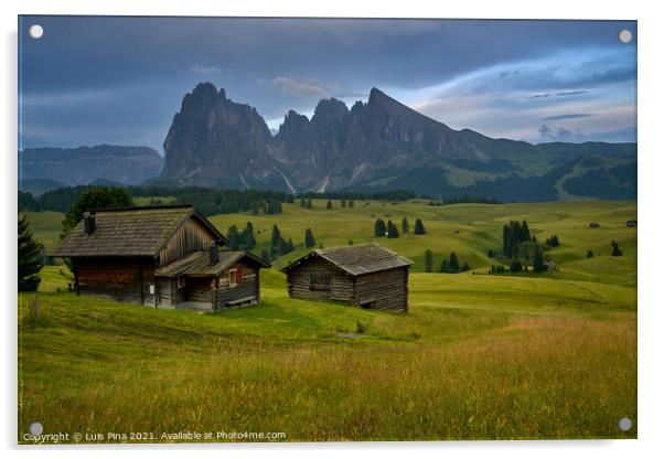 Sassolungo mountains on the Italian Alps Dolomites with wood houses on the foreground Acrylic by Luis Pina