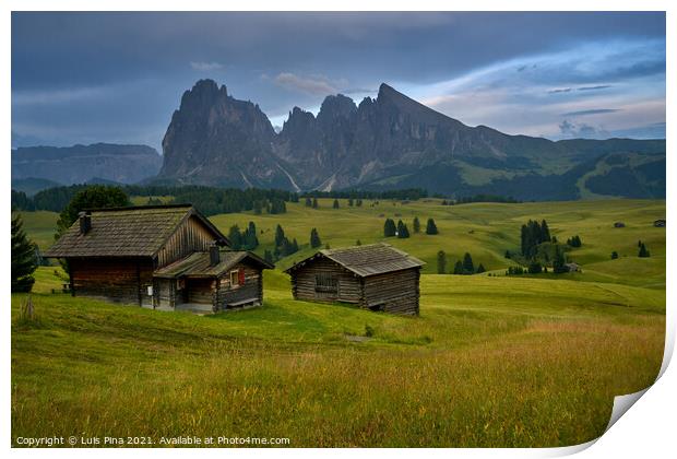 Sassolungo mountains on the Italian Alps Dolomites with wood houses on the foreground Print by Luis Pina